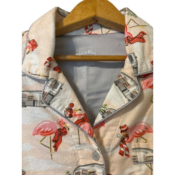 Nick & Nora Pink Flamingo Airstream Flannel Pajamas Top MED Pants LARGE READ!! - Picture 4 of 13